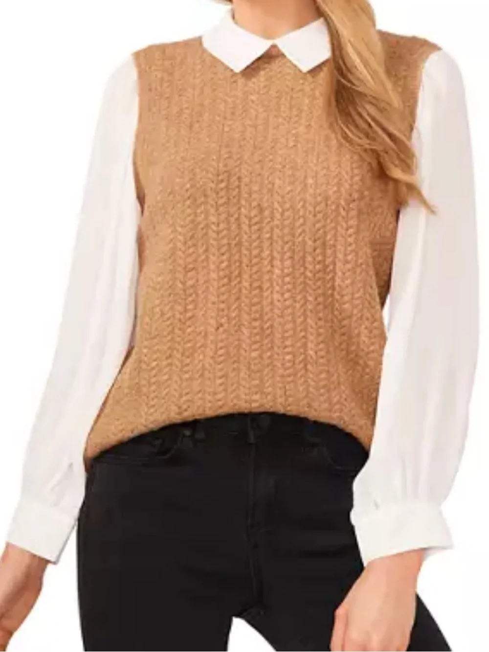 Knit Point Collar Long Sleeve Twofer Scalloped Sweater